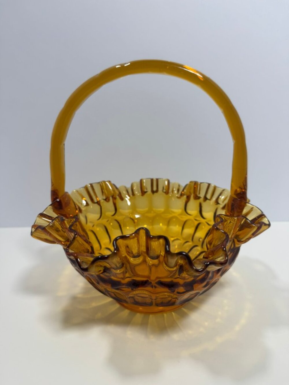 Vintage Fenton Art Glass Colonial Amber Thumbprint Ruffled Edge Basket
